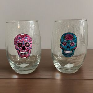 Set Of Two 15oz Stemless Wine Glasses Sugar Skull Dia de‎ Los Muertos Halloween